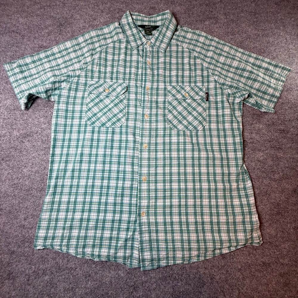 Woolrich Mens Large Green White Plaid Short Sleeve Button Down Shirt Pockets